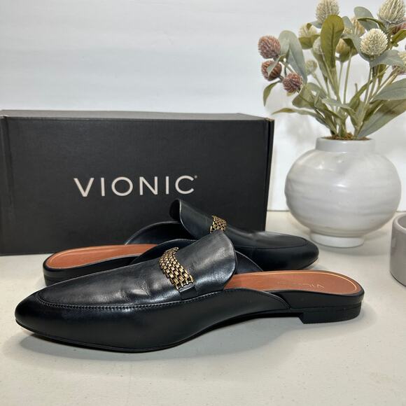 Vionic, Starling Black Leather Slip-On Flat Mule with Arch Support. Women US 9 M - Picture 10 of 14